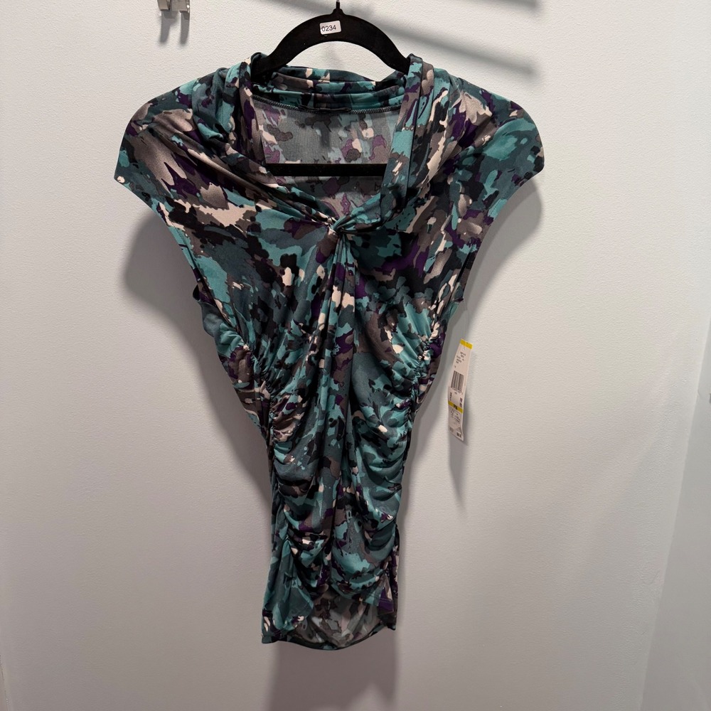 Anne‎ Klein Ruched Top Teal Multi PM Abstract Print Work Office